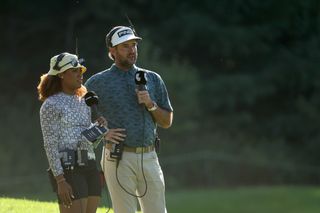 Troy Mullins and Bubba Watson provide commentary during Day Two of the LIV Golf Invitational - Boston at The Oaks golf course at The International on September 03, 2022