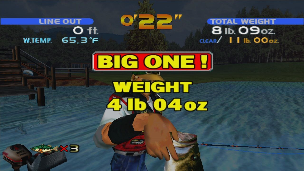 Sega Bass fishing gameplay with text "BIG ONE, WEIGHT 4 lb 04 oz"