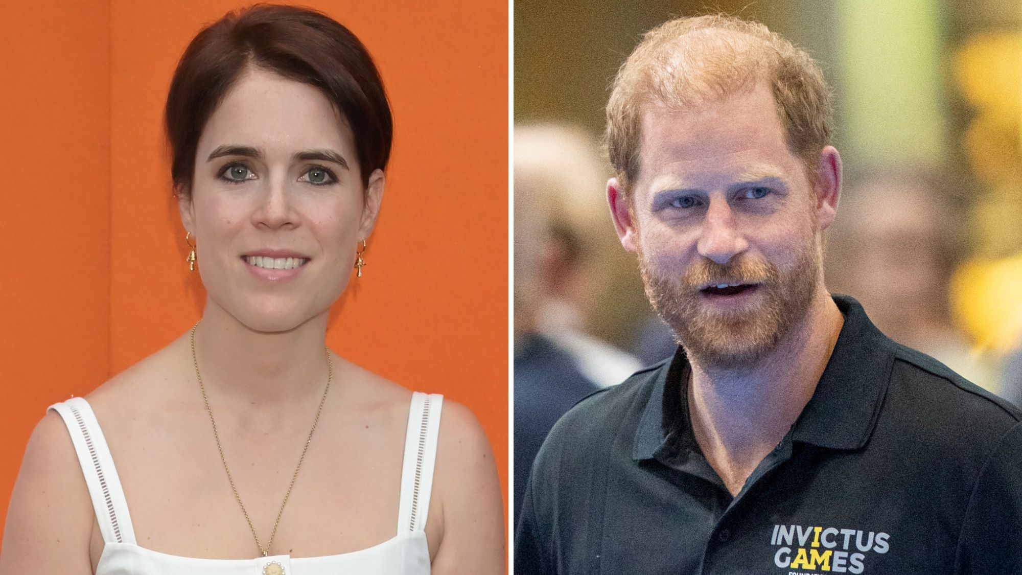 A composite of a picture of Princess Eugenie at the Tate Modern 25th Anniversary Fundraising Gala in 2025 and a picture of Prince Harry at National Exhibition Centre in 2026