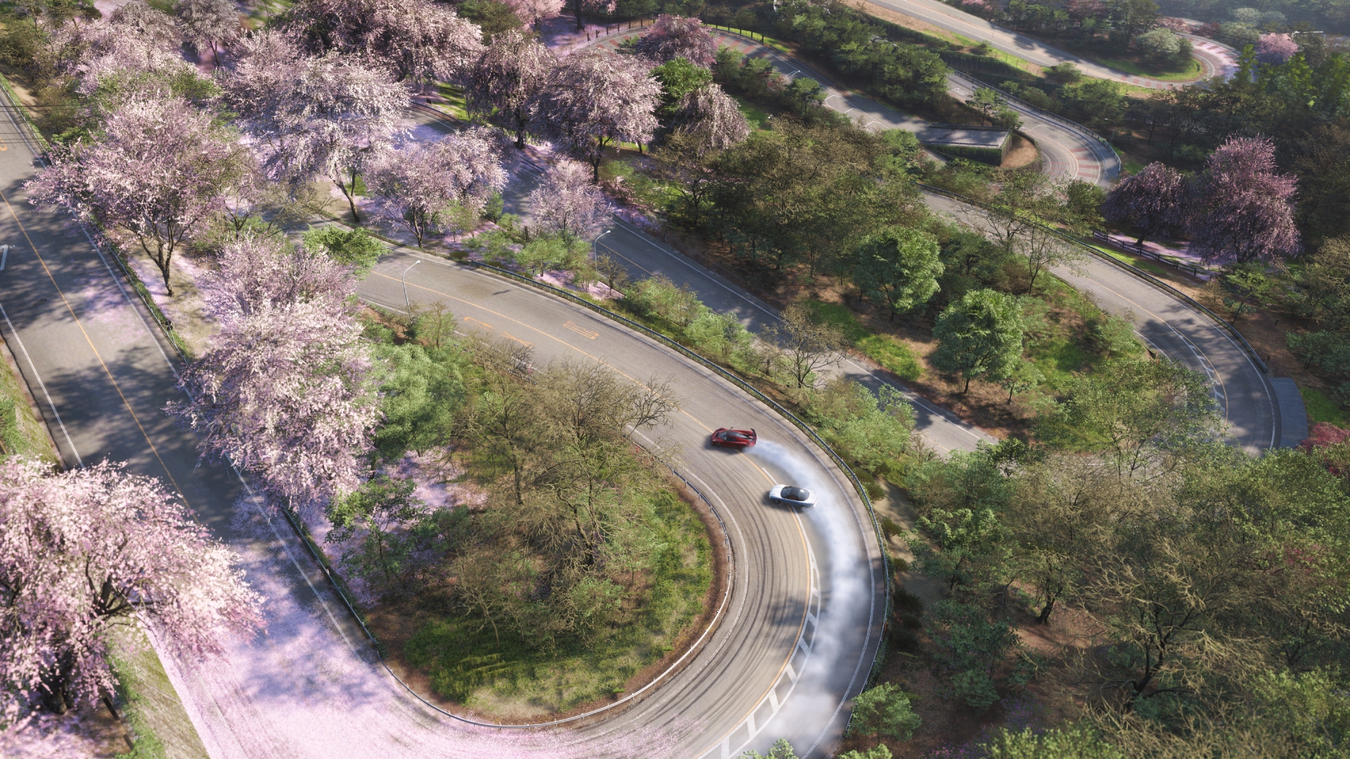 An overhead shot of winding roads where a touge drift battle is taking place in Forza Horizon 6.