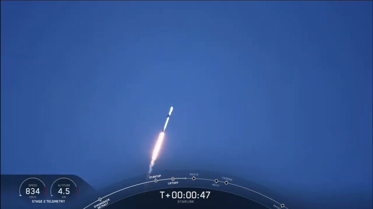 A SpaceX Falcon 9 rocket carrying 60 Starlink satellites blasts toward space on Sept. 3, 2020.