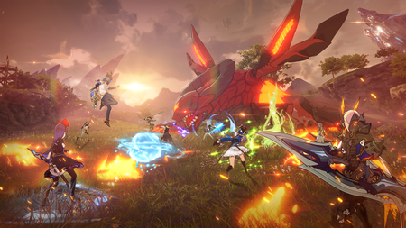 Screenshot from Blue Protocol: Star Resonance, showing a bunch of anime fighters battling a red, fiery monster in a lush field.