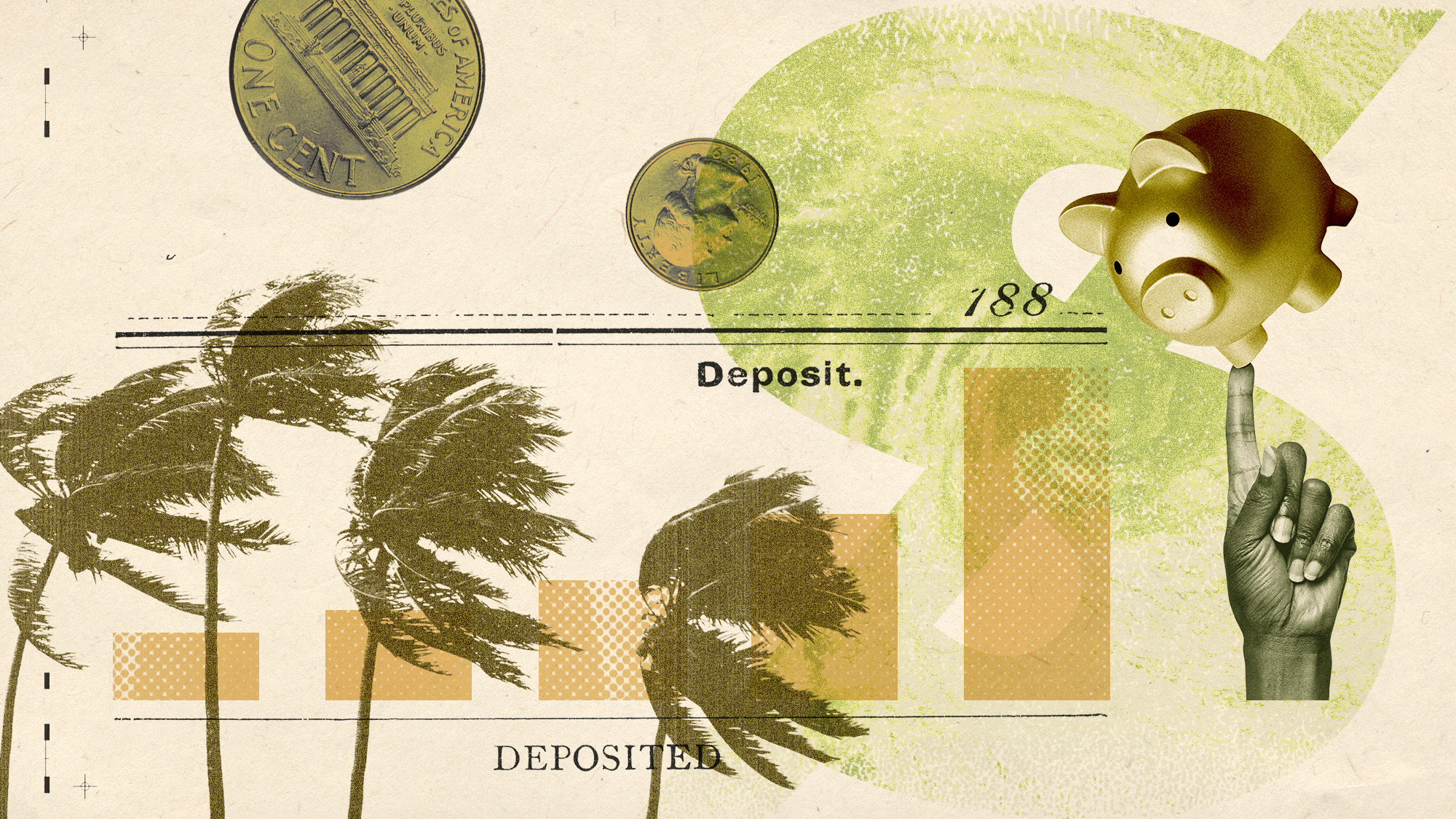 Photo collage of money, a bar graph, a piggy bank, and imagery of natural disasters