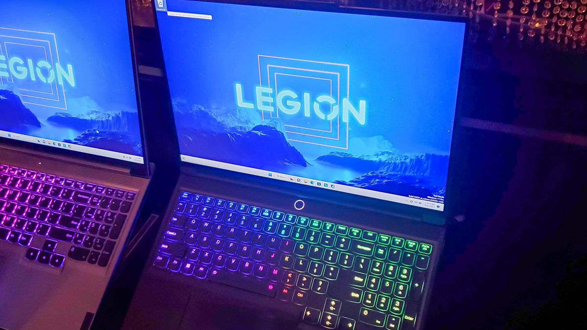 dark laptop opened with Legion logo