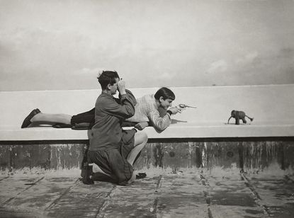 On the roof of the Atelierhaus, Dessau (Martha Erps with Ruth Hollós, left), circa 1927