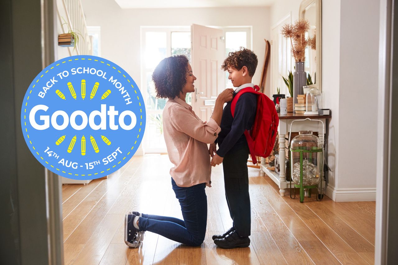 Back to School Month: A Single Mother At Home Getting Son Wearing Uniform Ready For First Day Of School