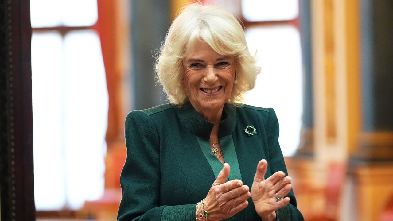 Queen Camilla during a reception for winners of the Queen&#039;s Commonwealth Essay Competition, at Buckingham Palace on November 21, 2024 in London, England.