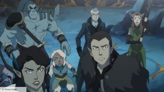 Grog, Vax, Pike, Vex, Percy, and Keyleth look shocked in The Legend of Vox Machina season 3