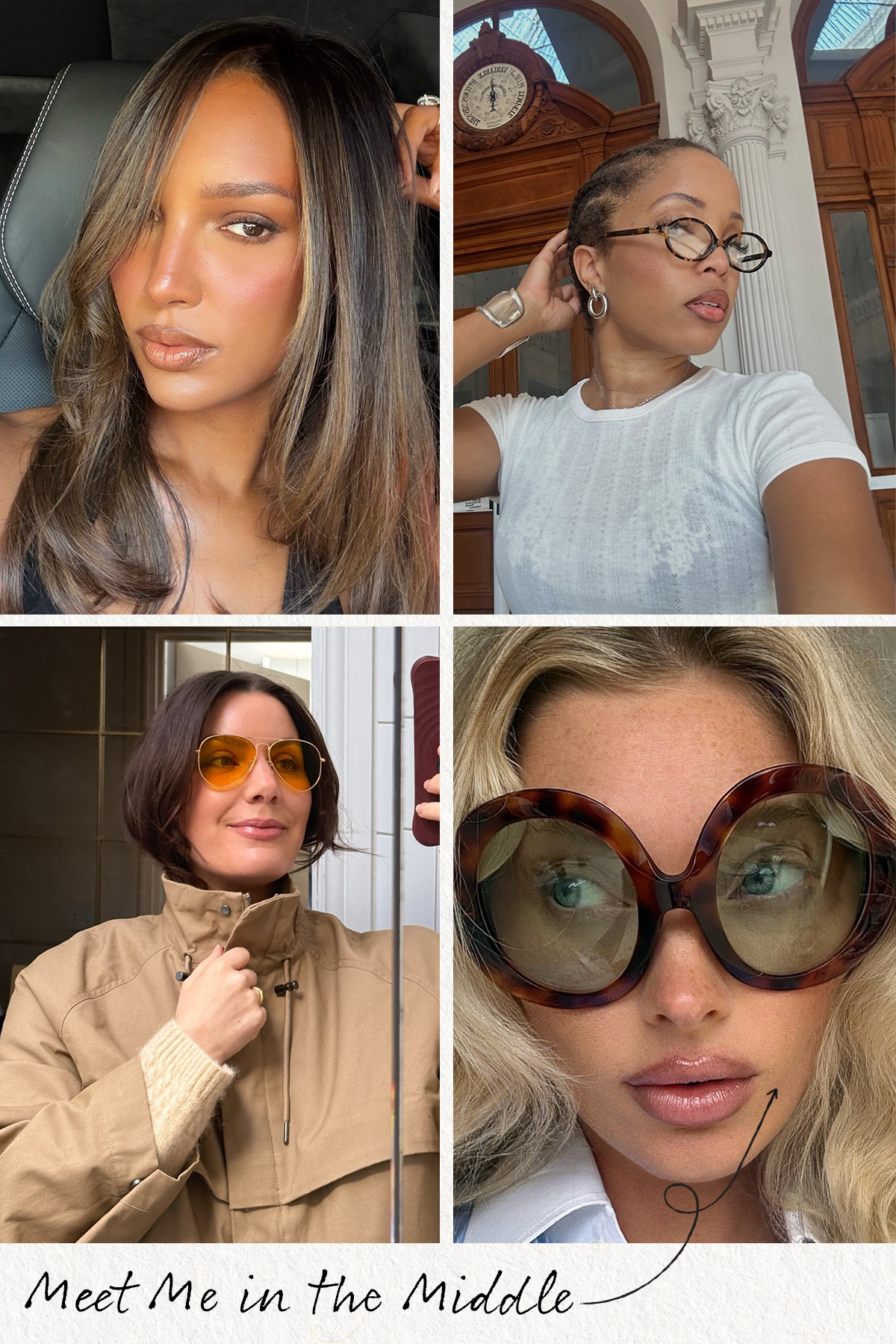 A collage of glossy, tinted lip looks