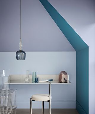 Color block painting idea in alcove using teal and gray shades.