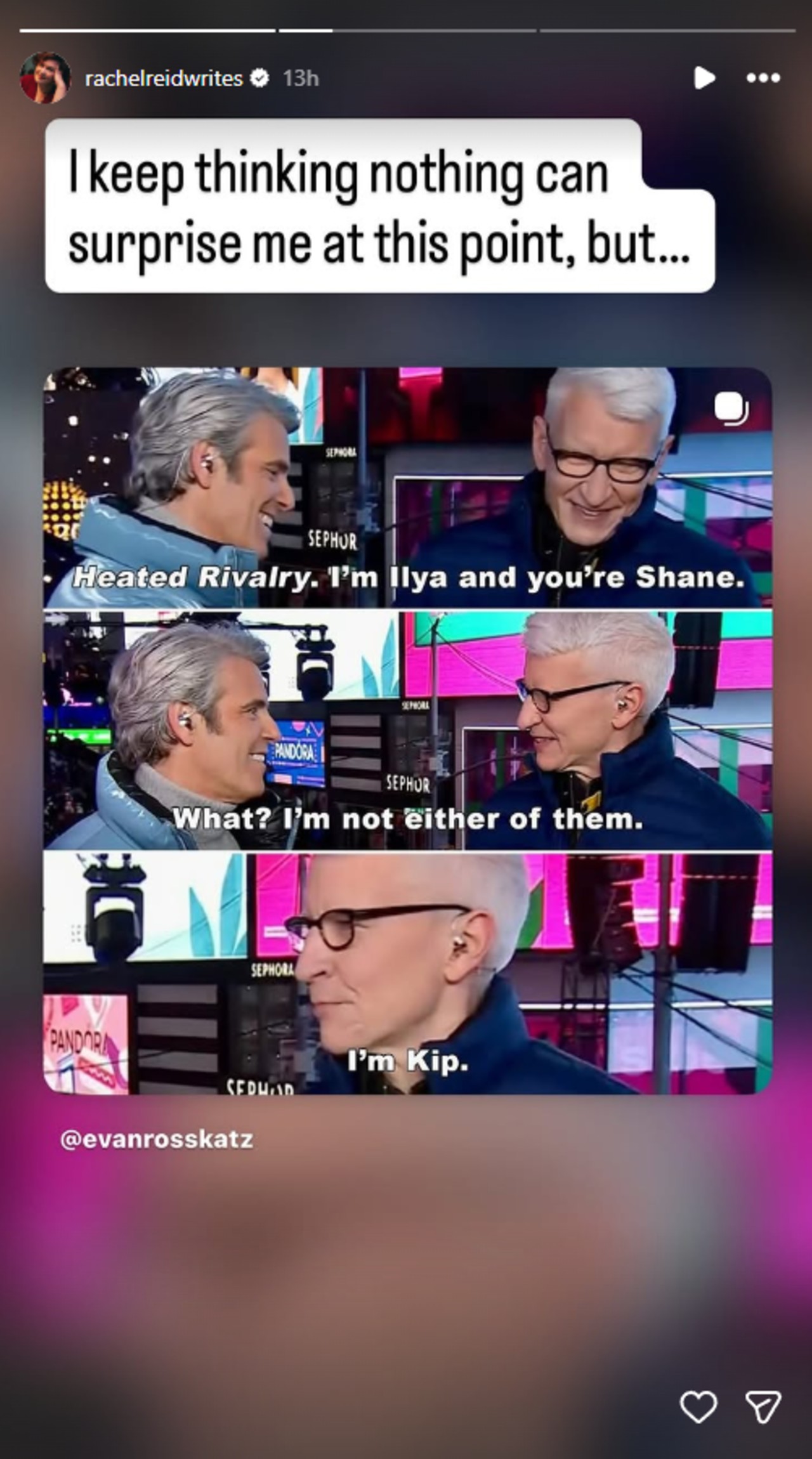 Rachel Reid reacted to Andy Cohen and Anderson Cooper by writing "I Keep thinking nothing can surprise me at this point, but..."