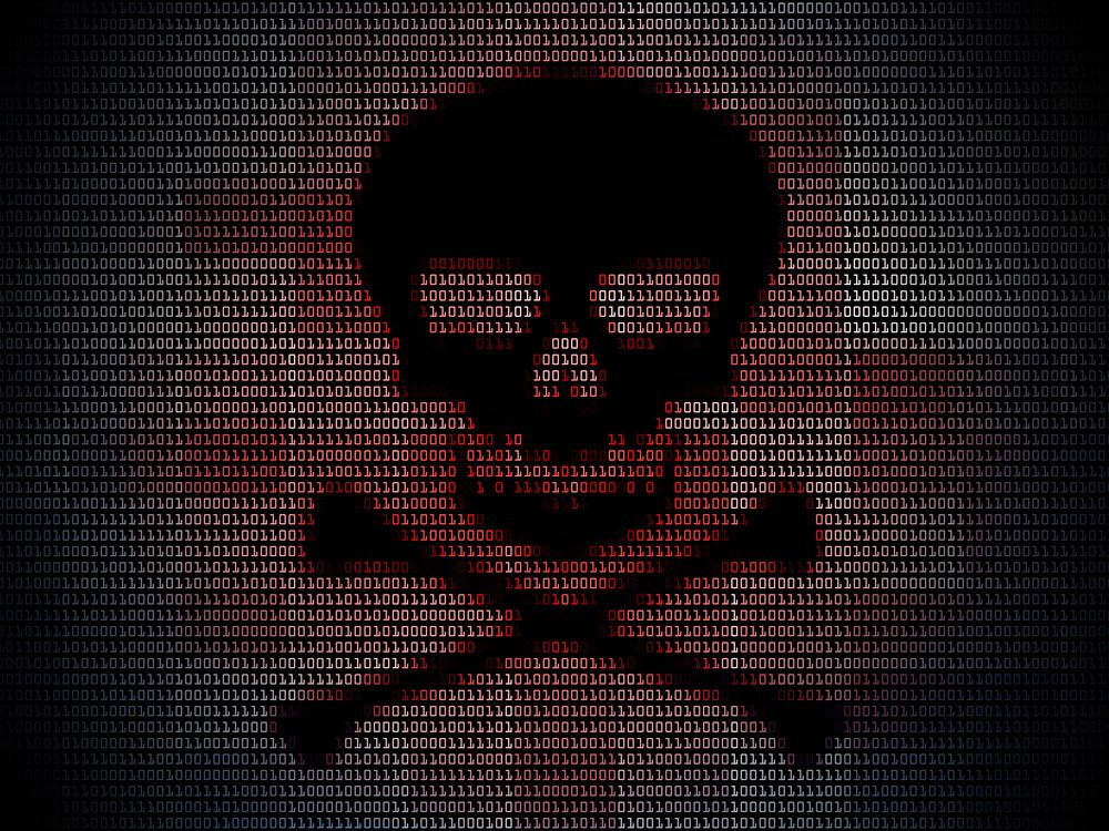 black skull and crossbones in front of red binary code