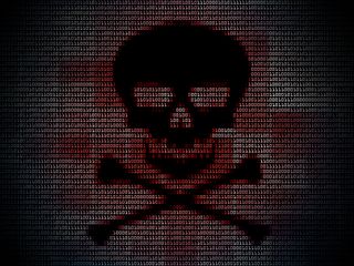 black skull and crossbones in front of red binary code