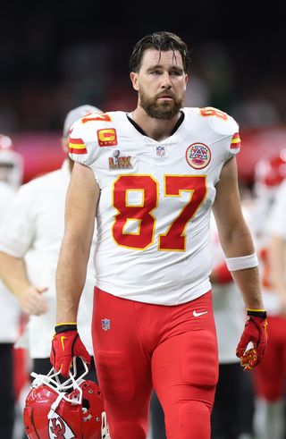 Travis Kelce #87 of the Kansas City Chiefs walks off the field at half time against the Philadelphia Eagles during Super Bowl LIX at Caesars Superdome on February 09, 2025 in New Orleans, Louisiana