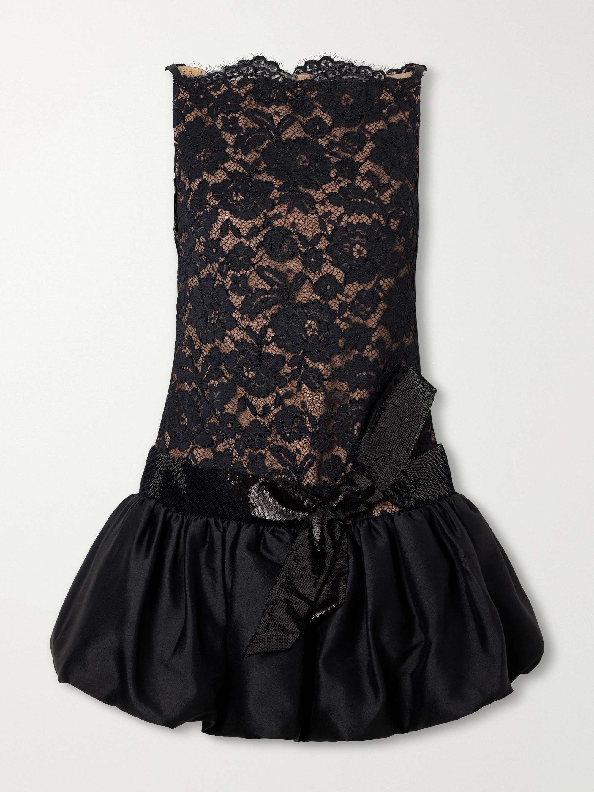 Sequined-Trimmed Satin and Lace Mini Dress