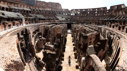 A view of the Colosseum and the hypogea during the press conference for Tod's second phase of the restoration of the Flavian Amphitheater and the opening of the hypogea on June 25, 2021 in Rome, Italy.