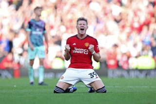 Scott McTominay of Manchester United celebrates following their sides victory after the Premier League match between Manchester United and Brentford FC at Old Trafford on October 07, 2023 in Manchester, England.