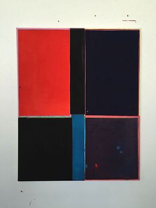 Abstract artwork consisting of black, blue and red rectangles
