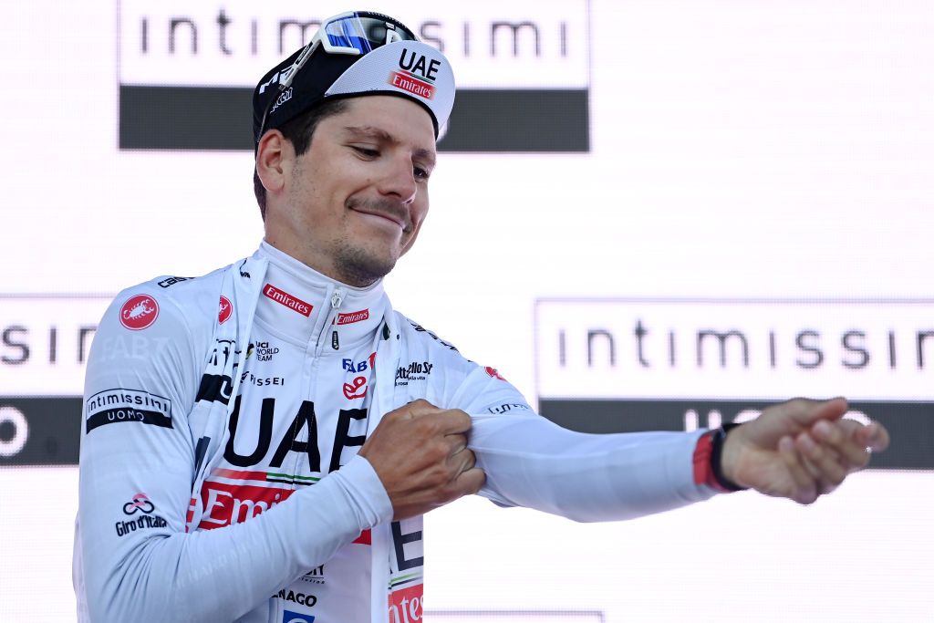 MONTE LUSSARI ITALY MAY 27 Joo Almeida of Portugal and UAE Team Emirates White Best Young Rider Jersey celebrates at podium during the 106th Giro dItalia 2023 Stage 20 a 186km individual climbing time trial stage from Tarvisio 750m to Monte Lussari 1744m UCIWT on May 27 2023 in Monte Lussari Italy Photo by Tim de WaeleGetty Images