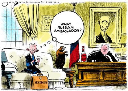 Political Cartoon U.S. Jeff Sessions Russian Ambassador Putin