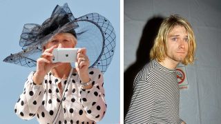 Helen Mirren wearing a big hat, taking a photo, and Kurt Cobain looking pensive