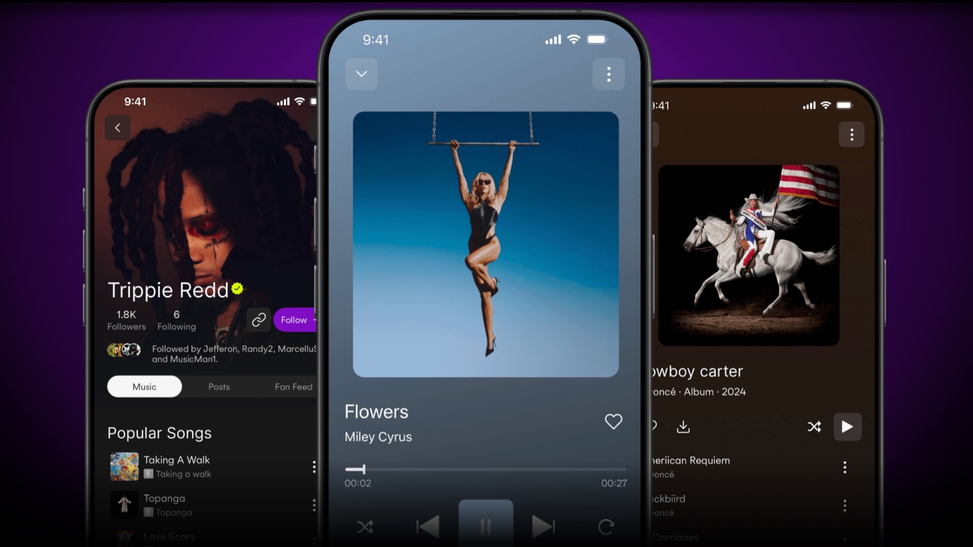 Three phones showing album artwork from the Coda music streaming app.