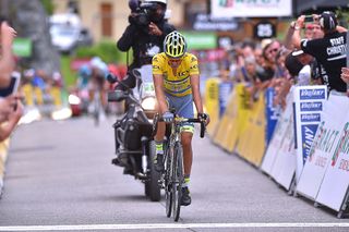 Alberto Contador crosses the line to finish stage 5 at the Criterium du Dauphine