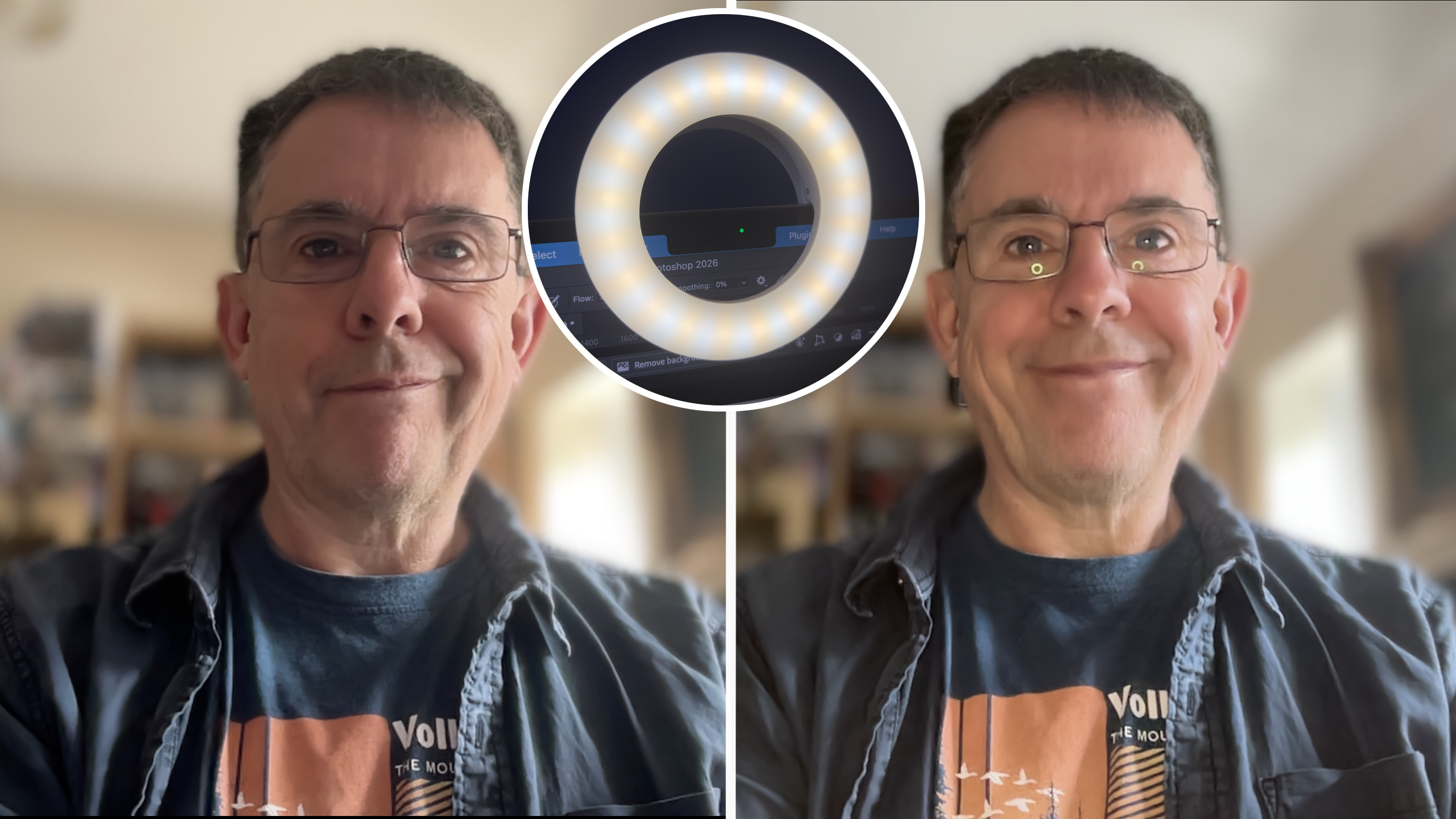 The Selfie Ring Light AJ-19 happily clips on other devices such as a laptop. On the left, available light causes shadows. On the right, the Ring Light captures a brighter, more evenly lit face.