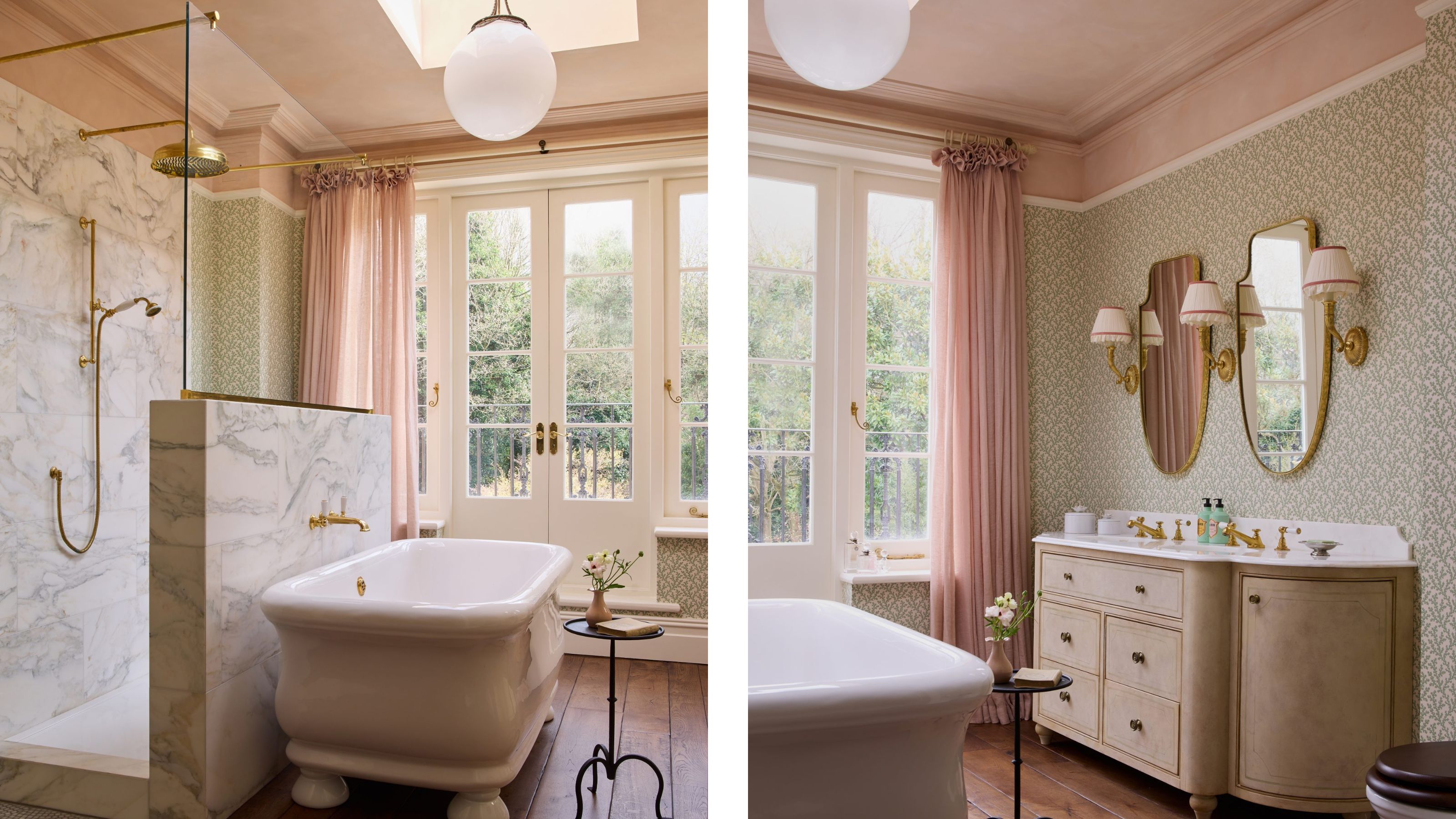 Split view: left shows a walk-in shower, marble pony wall, and freestanding tub by French doors; right shows a double vanity with brass sconces, dual mirrors, and blush pink drapes.
