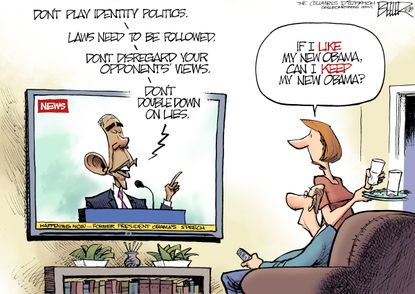 Political cartoon U.S. Obama identity politics Trump lies new speech