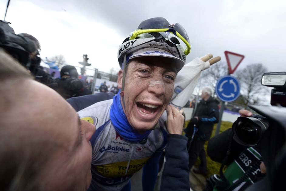 Jelle Wallays is emotional after winning Dwars door Vlaanderen