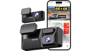 RedTiger F77 dual-4K dashcam with a phone