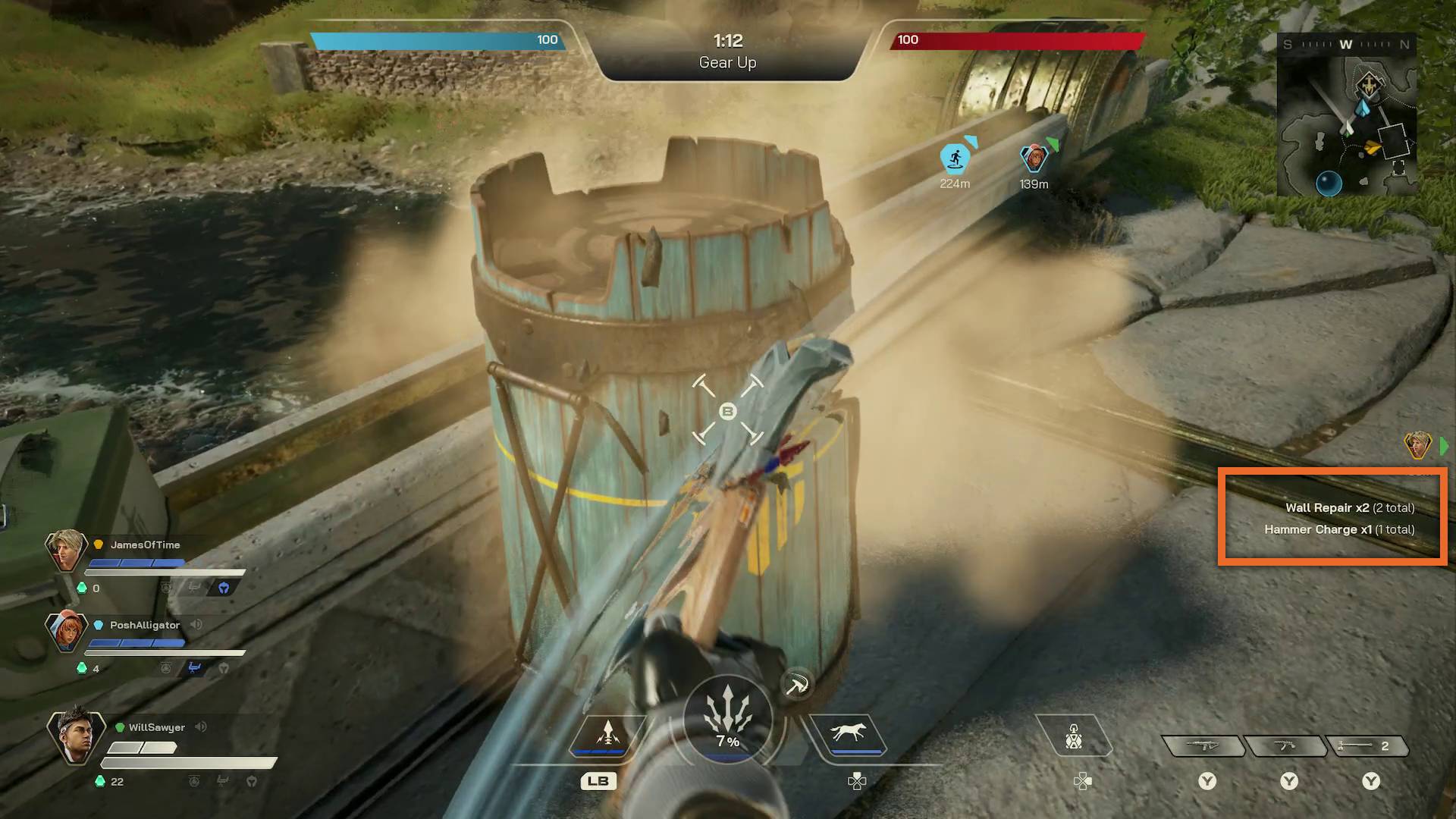 Highguard hitting blue barrel with an axe and getting loot