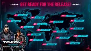 The Tekken 8 release time info laid out on a graphic of the world