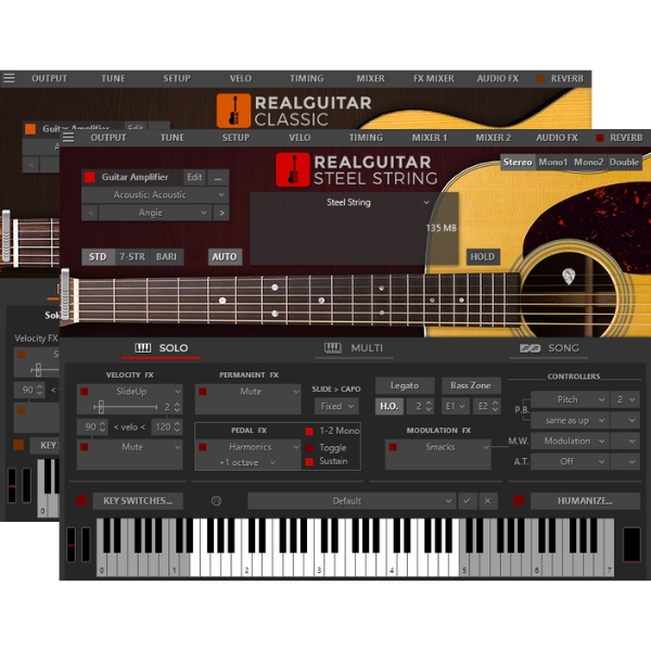 A screenshot of MusicLab RealGuitar 6 acoustic guitar VST