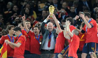 Spain manager Vicente del Bosque lifts the World Cup, 2010