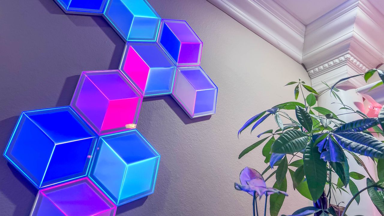 Govee Glide Hexagon Light Panels Ultra in the author's living room during testing