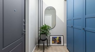 Small entryway with a dark grey door, wooden flooring, a mirror, plant and artwork