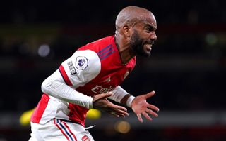 Arsenal striker Alexandre Lacazette celebrates scoring a goal | Arsenal v Aston Villa live stream