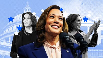 Democratic presidential nominee Kamala Harris in a blue suit