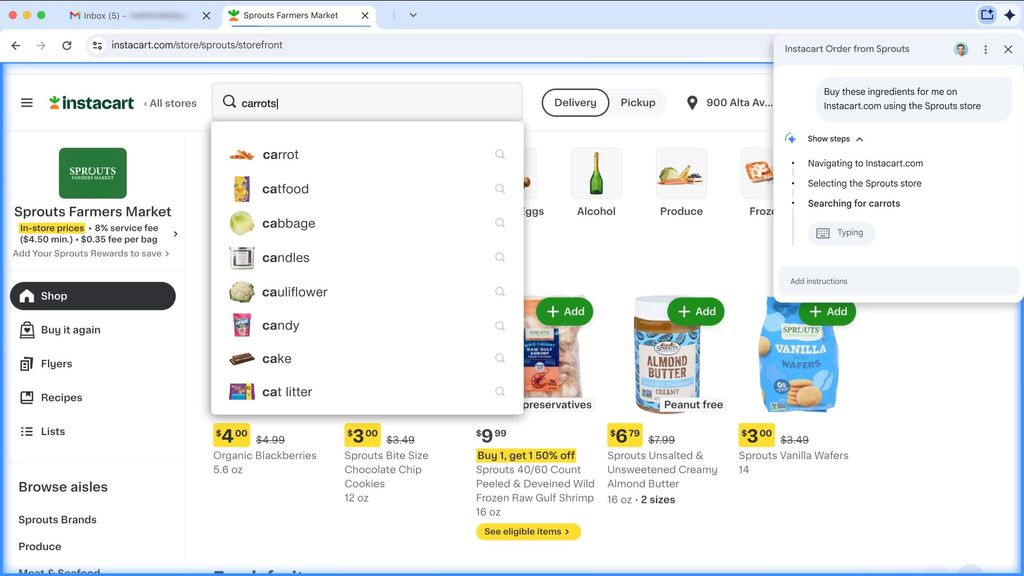 Google Chrome's agentic AI mode buying ingredients using Gemini