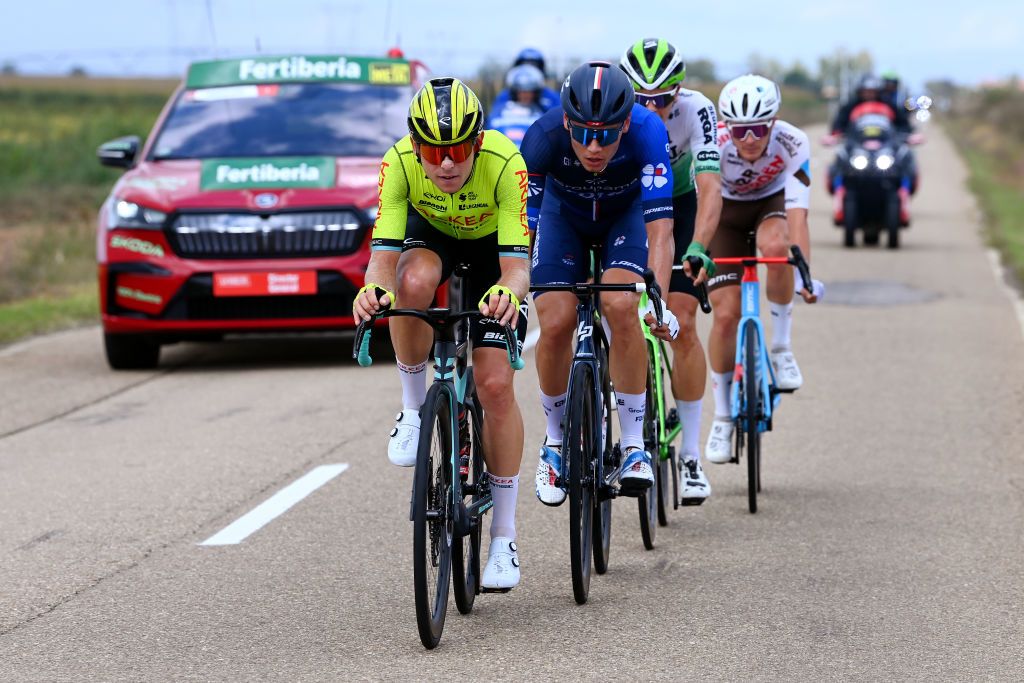 SCAR SPAIN SEPTEMBER 15 LR Mathis Le Berre of France and Team ArkaSamsic and Clment Davy of France and Team Groupama FDJ compete in the breakaway during the 78th Tour of Spain 2023 Stage 19 a 1771km stage from La Baeza to scar UCIWT on September 15 2023 in scar Spain Photo by Tim de WaeleGetty Images