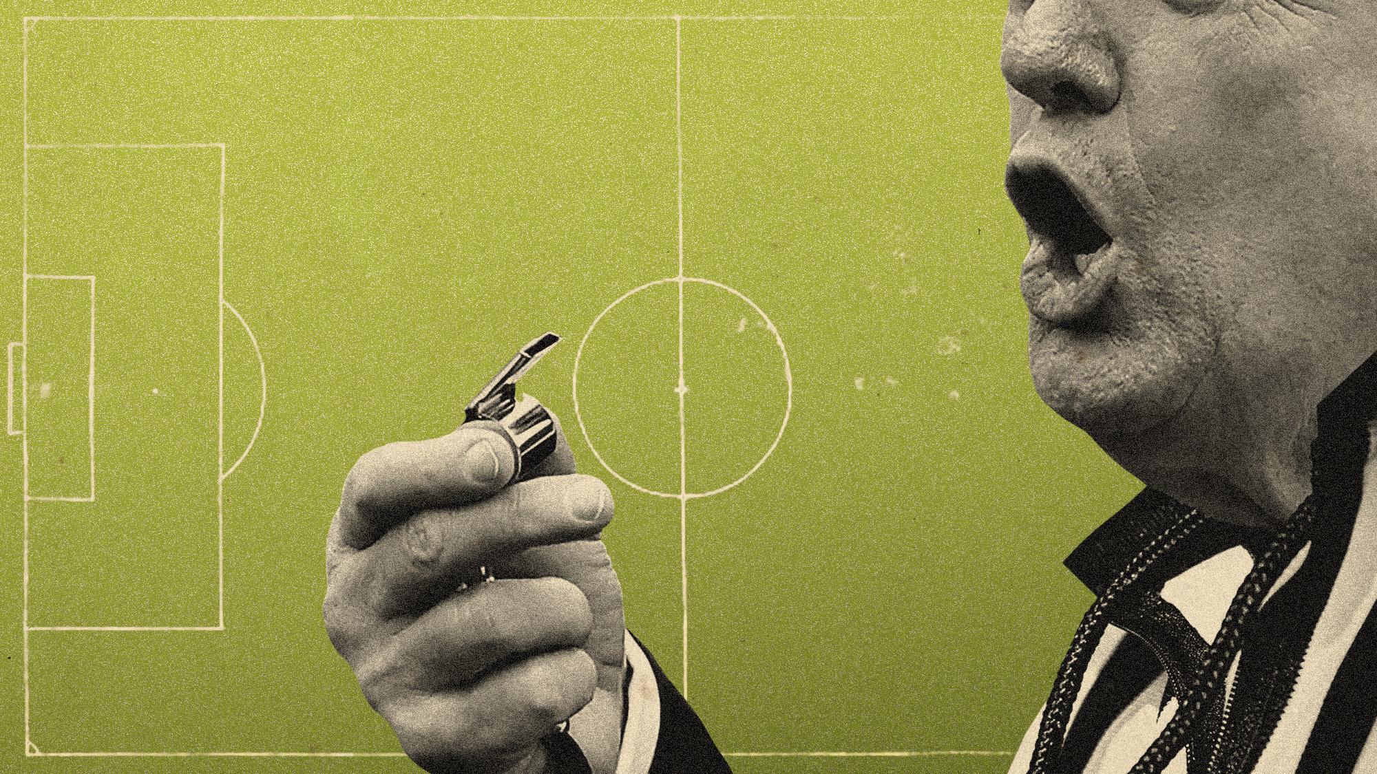 Photo collage of Donald Trump with a whistle on a background of a football pitch