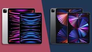 Apple iPad Pro 2022 and iPad Pro 2021 press images on a split-color background