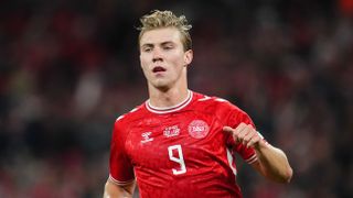 Rasmus H&oslash;jlund of Denmark looks on during the UEFA World Cup qualification match between Denmark and Greece at Parken Stadium, Copenhagen, Denmark on October 12, 2025. 