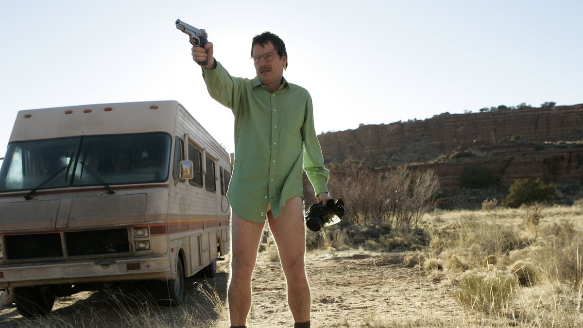 Bryan Cranston holding a gun while wearing no pants in Breaking Bad