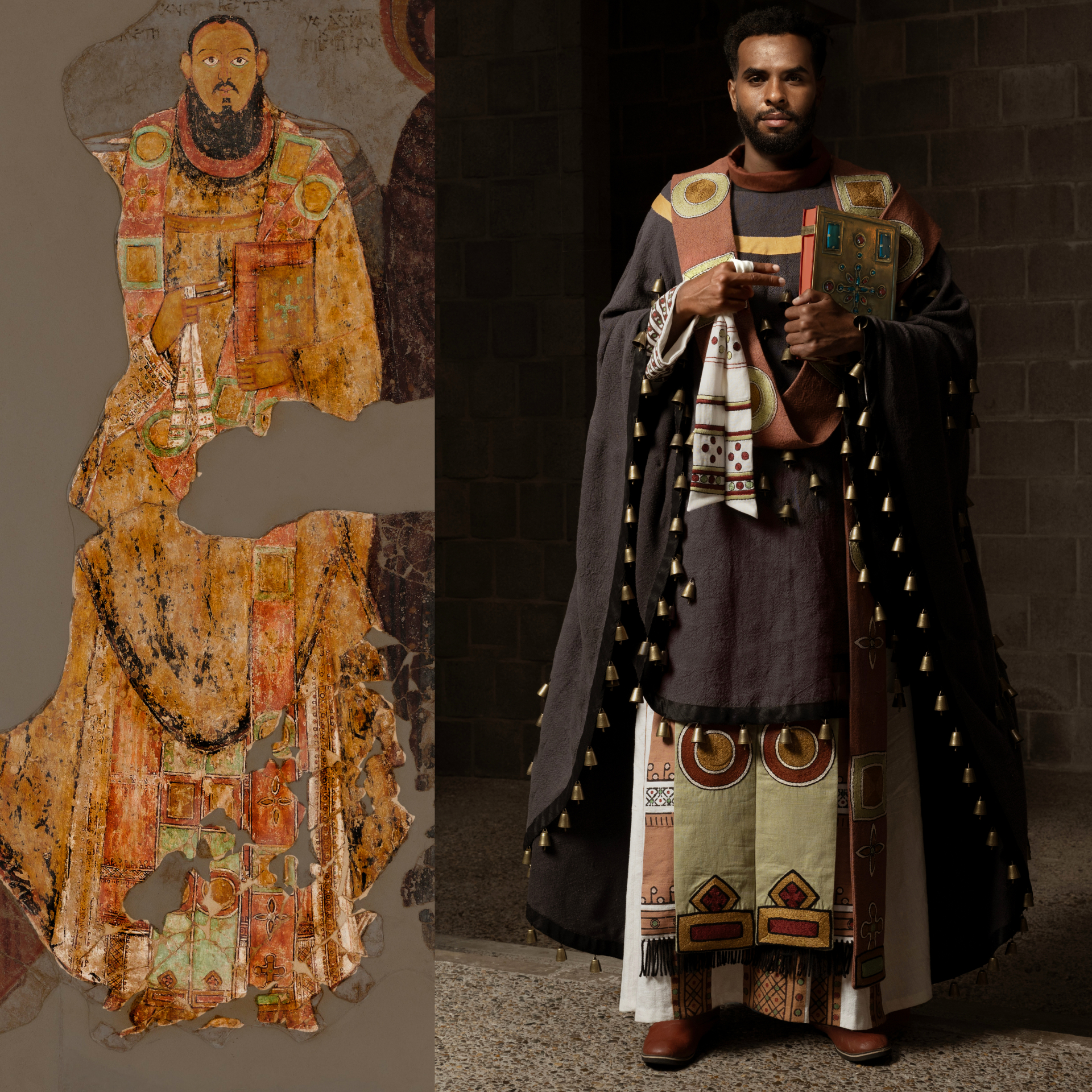 A model wears colorful patterned clothing with an ancient painting cutout next to the model for comparison