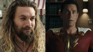 Jason Momoa in Aquaman and Zachary Levi in Shazam 2 side by side