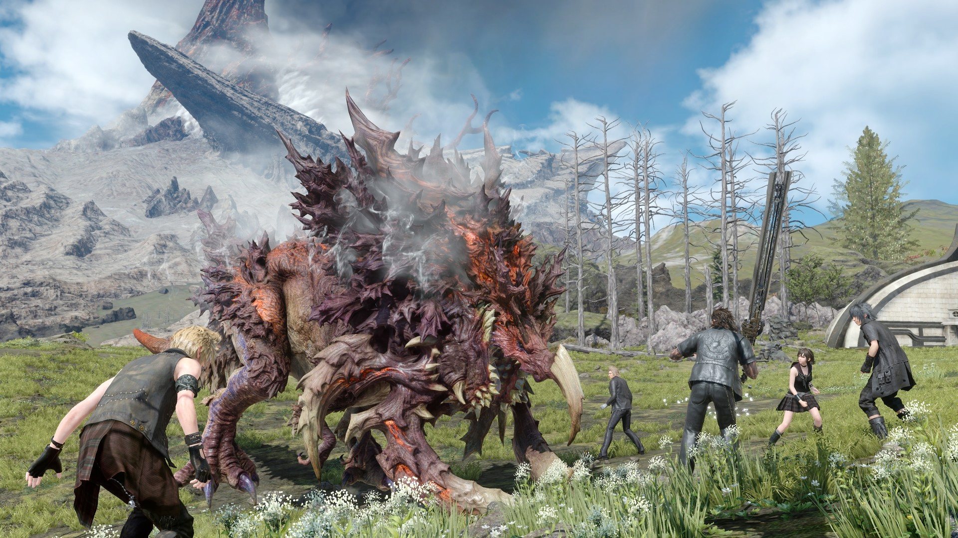 Final Fantasy XV characters battling a monster