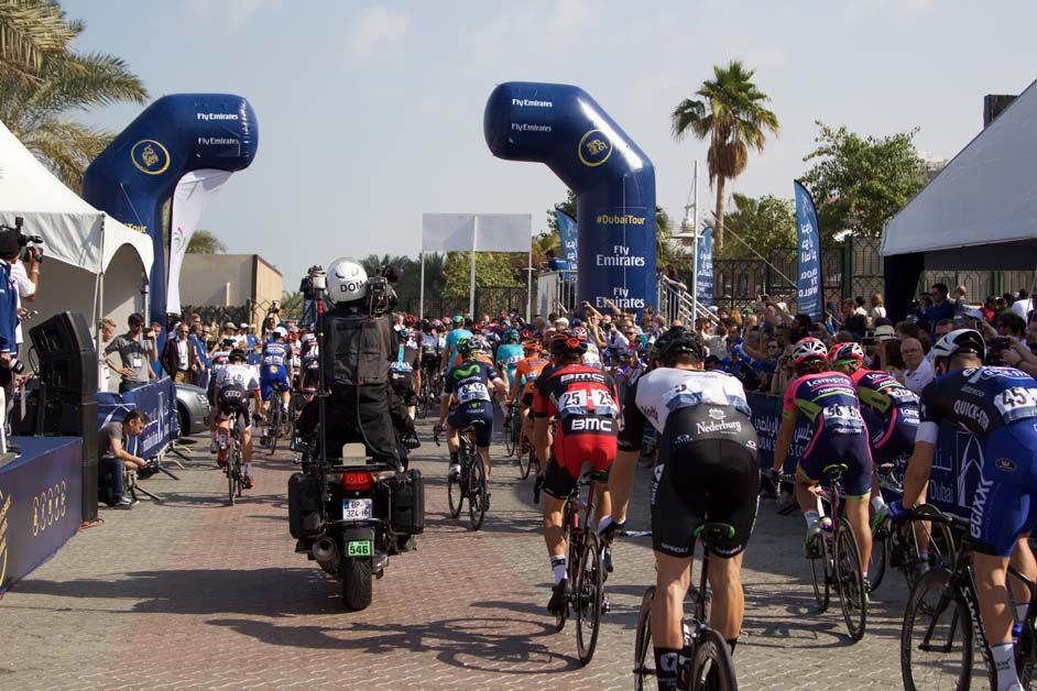 The riders leave the start